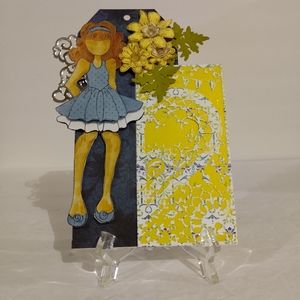 Mixed Media Gift Tag. Handcrafted. Young Lady In Blue Dress. 8x4